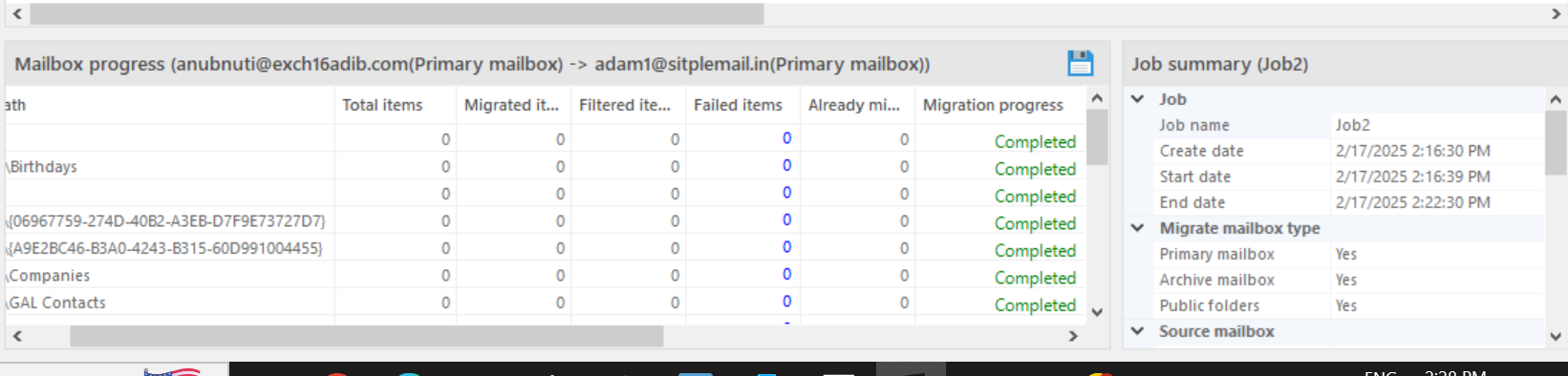 Similarly, you can see view the status of items in a particular mailbox. For this, select the mailbox from the Job progress screen and check the details in the mailbox progress section.